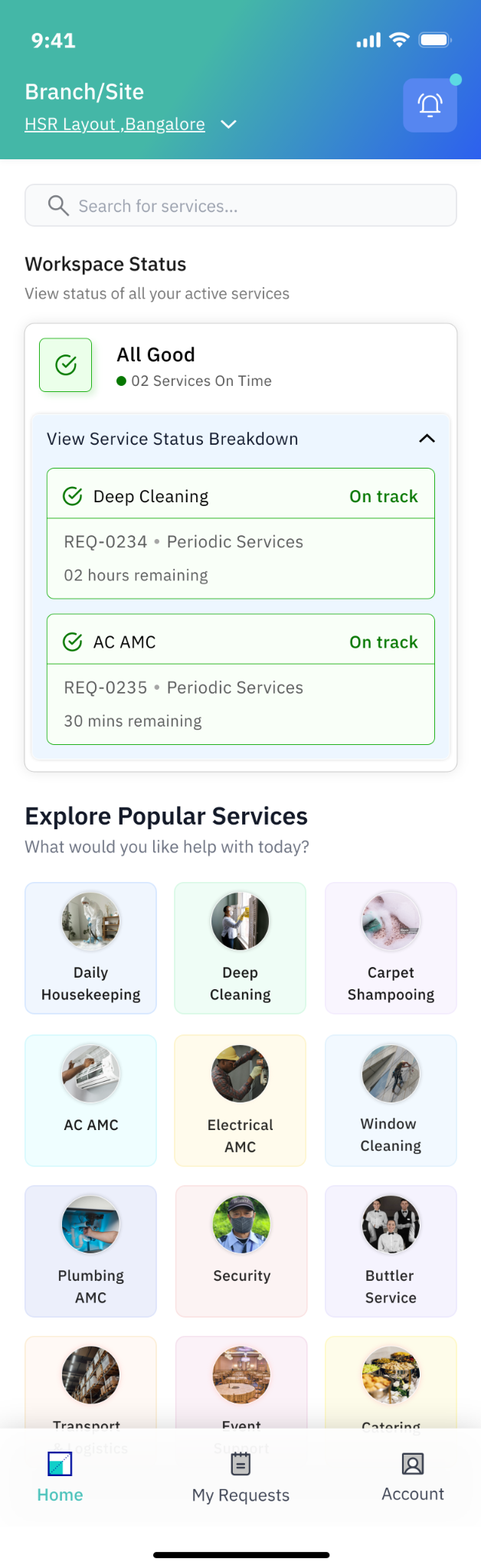 Enlarged app service tiles: Daily Housekeeping, Deep Cleaning, Carpet Shampooing, AC AMC, Electrical AMC, Window Cleaning, Plumbing AMC, Security and Butler Service